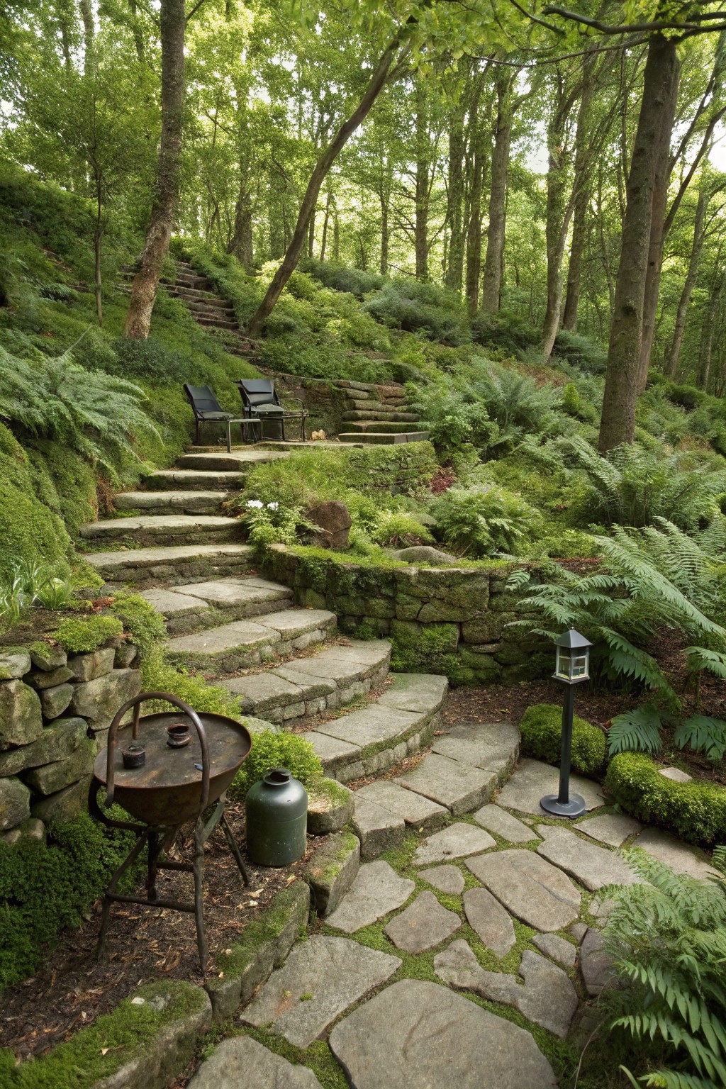 A sloped wooded backyard with multiple levels connected by wide stone steps and winding stone paths, a fire pit area at the bottom, and two chairs on a small upper terrace.