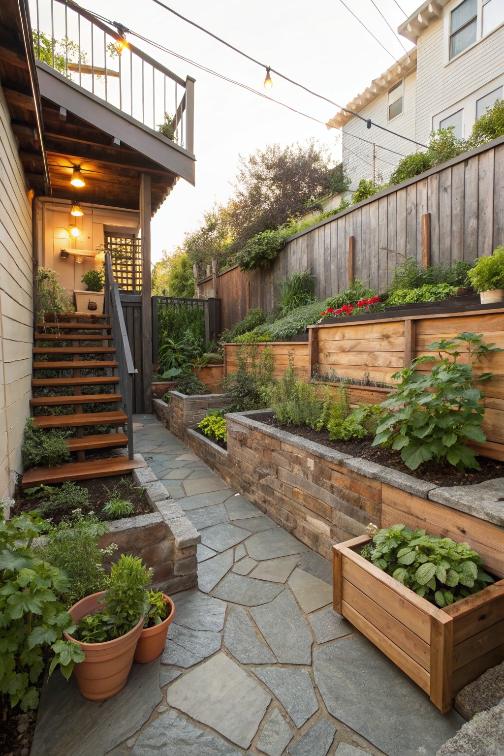 A narrow sloped backyard with a stone path running between multiple levels of wooden and stone raised garden beds filled with plants and shrubs.
