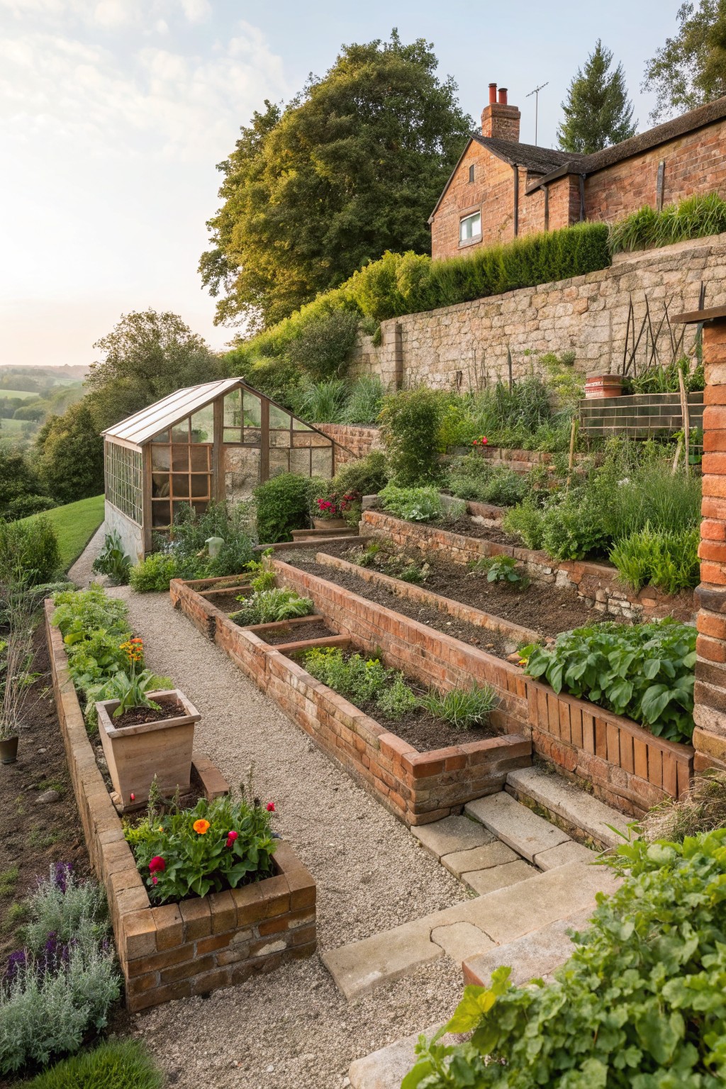 A sloped backyard garden featuring multiple terraced brick raised beds, a wooden greenhouse on the left, and a stone retaining wall in the background.