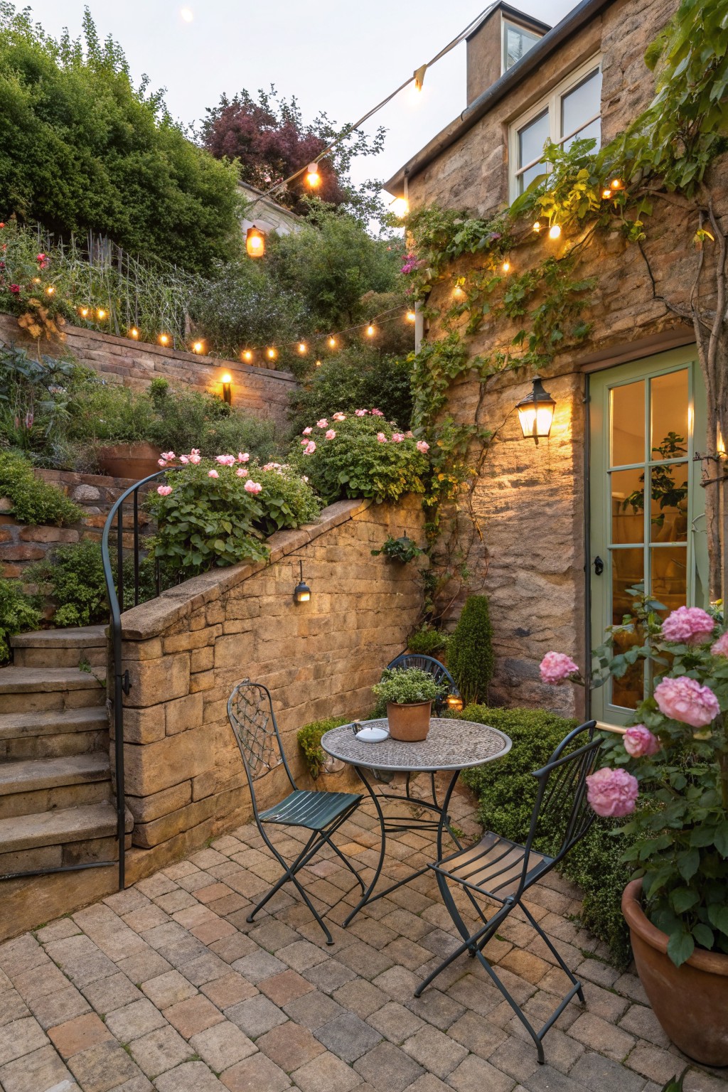 A small brick patio holds a round metal table and two folding chairs against a low stone retaining wall on a sloped backyard with stairs and string lights overhead.