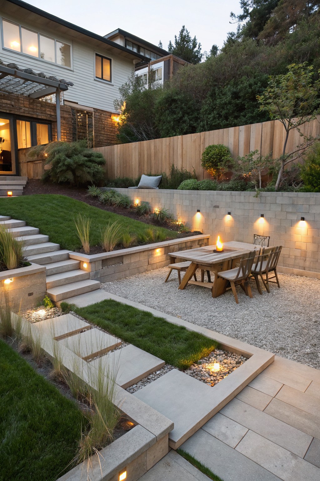 A backyard on a slope with concrete retaining walls, stone stairs, a gravel patio holding a wooden table and chairs, and patches of grass and plants.