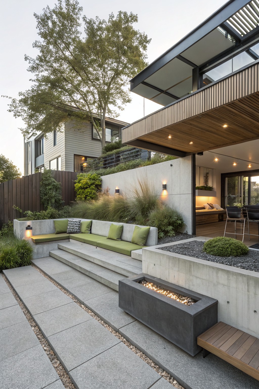A sloped backyard with concrete steps, built-in seating with green cushions, a rectangular fire pit, and a modern house with a wooden overhang.