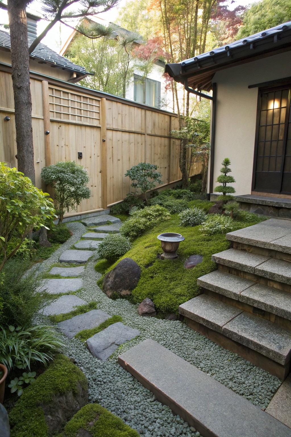 A small sloped backyard with irregular stone steps, gravel paths, and layered planting beside a traditional house.