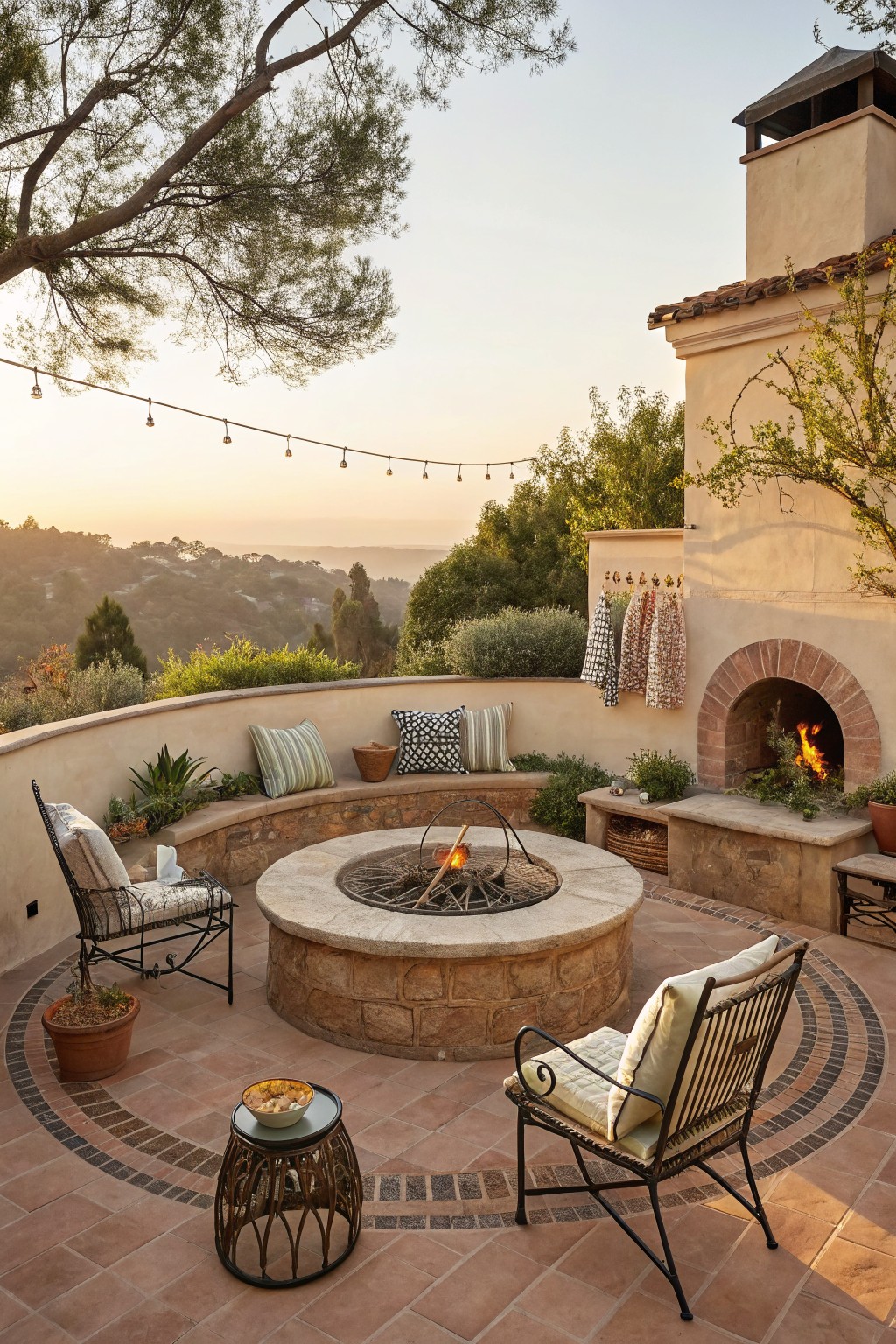An outdoor patio with a curved stucco wall, built-in fireplace, central stone fire pit, and metal seating chairs overlooking hills at dusk.