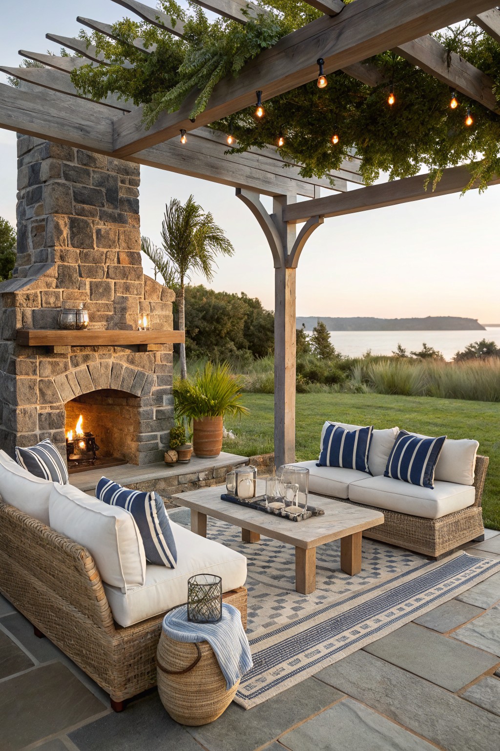 A stone outdoor fireplace with a lit fire is positioned next to wicker seating under a wooden pergola on a stone patio overlooking grass and water.