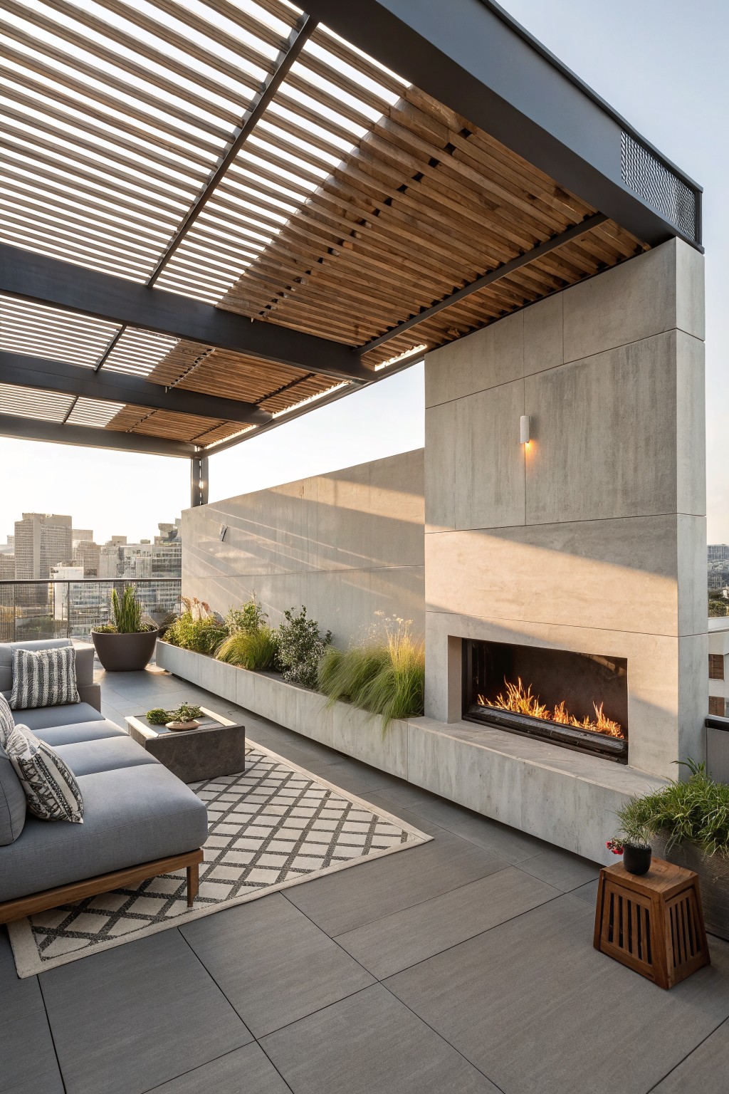 A modern rooftop terrace shows a linear fireplace built into a tall concrete wall beneath a wooden slatted overhead structure, with a gray sectional sofa on a patterned rug and potted plants along the edge.