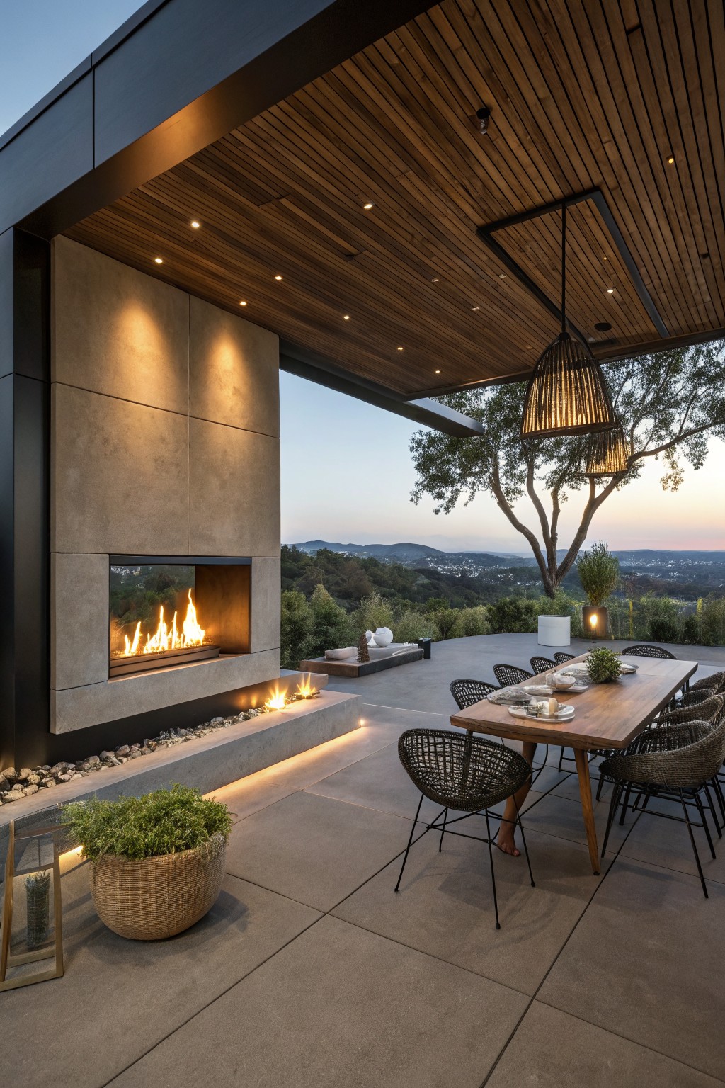 An outdoor patio with a large concrete fireplace built into a wall, a wooden dining table with woven chairs, and a view of hills at dusk.