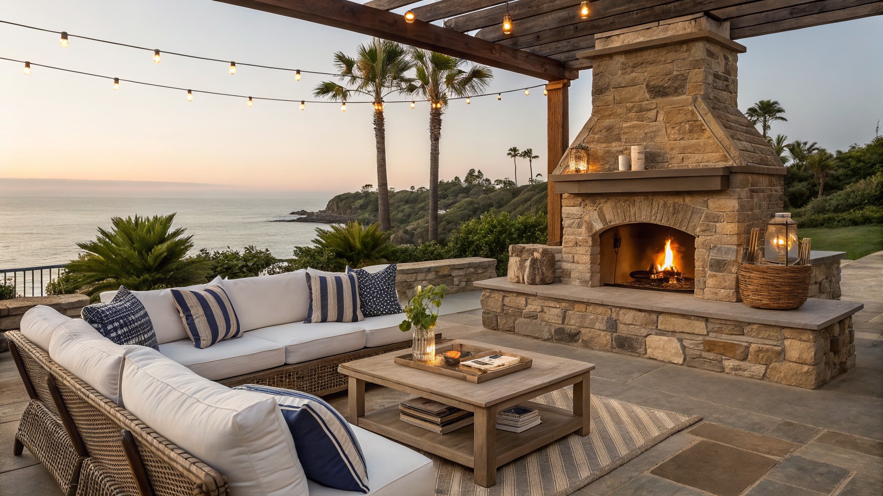 A stone outdoor fireplace with a lit fire is positioned next to wicker seating under a wooden pergola on a stone patio overlooking grass and water.