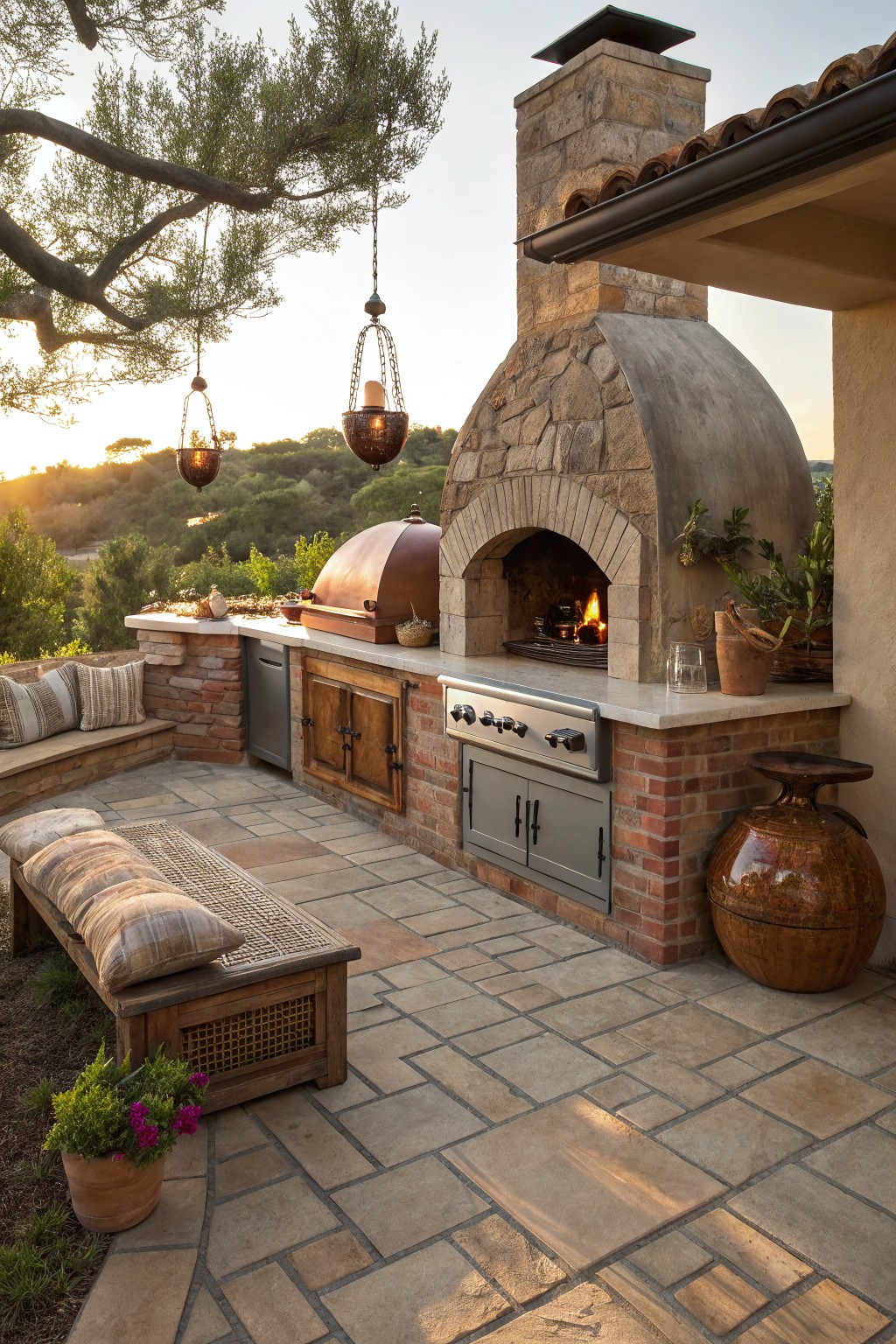 A large stone outdoor fireplace with an arched firebox, copper oven dome, and stainless grill station on a tiled patio.