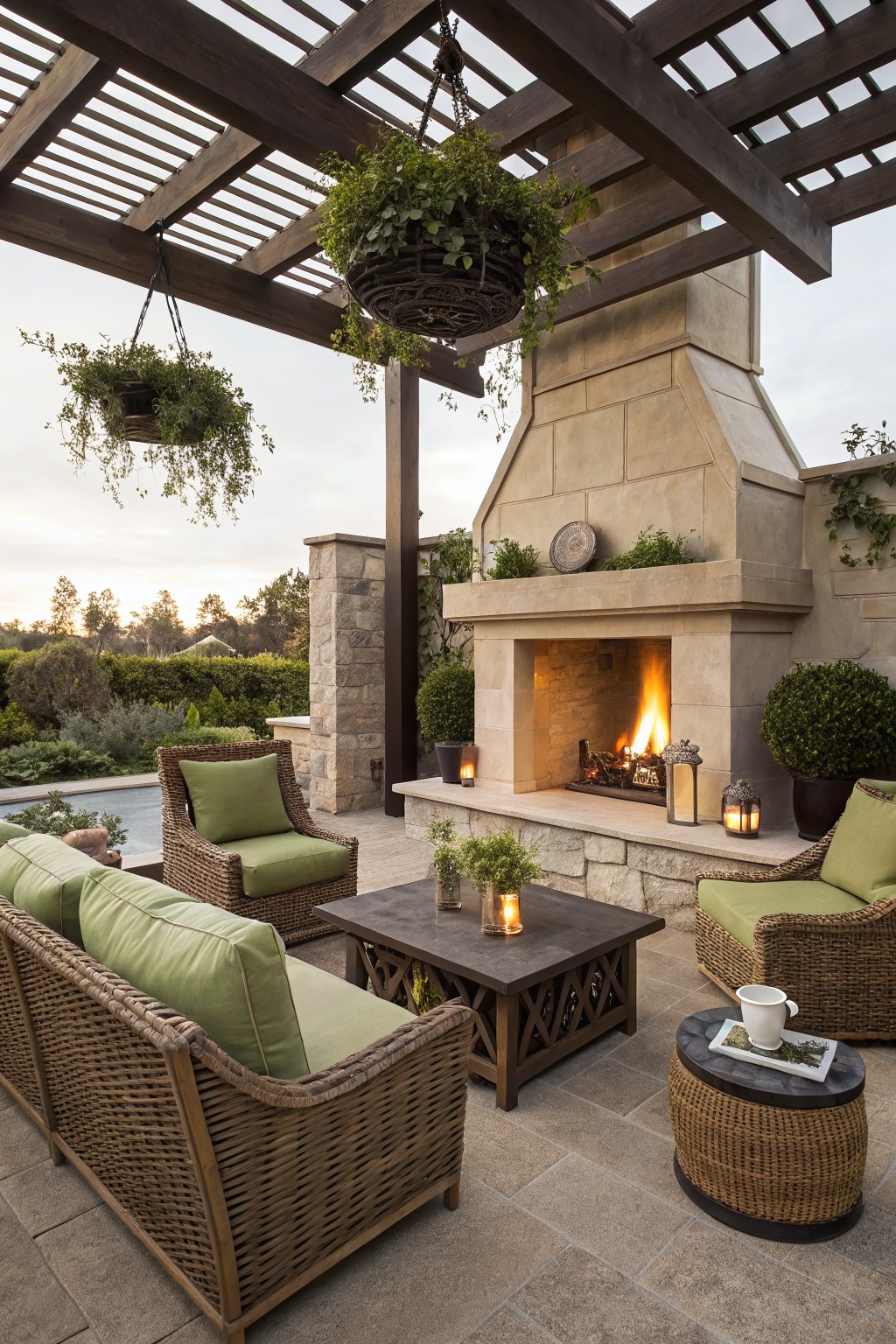 An outdoor stone fireplace with a burning fire is centered under a wooden pergola, with wicker chairs and a coffee table arranged around it on a paved patio.