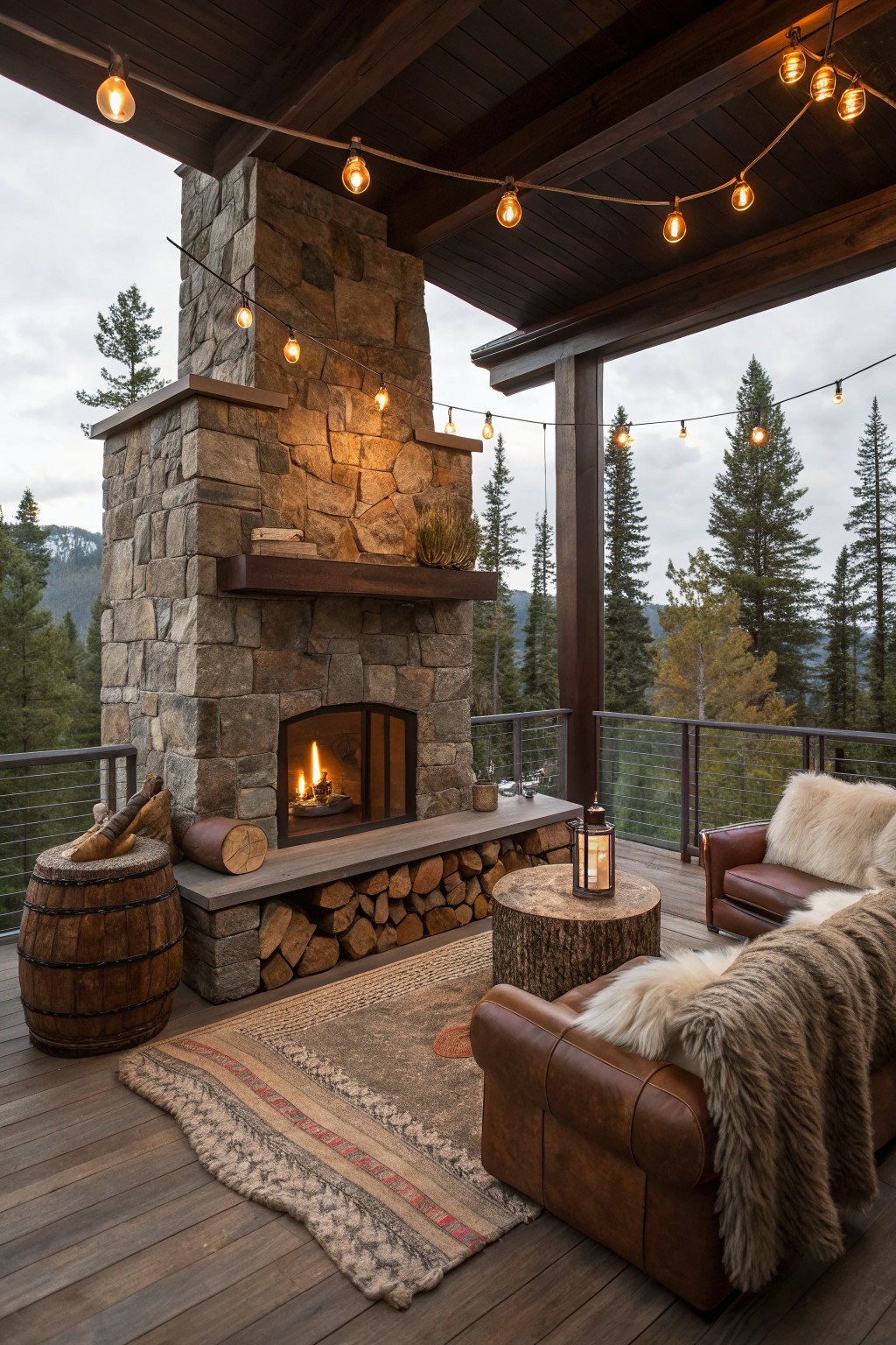 A large stone fireplace with a wooden mantel sits on a covered wooden deck, surrounded by leather seating, a patterned rug, and string lights.