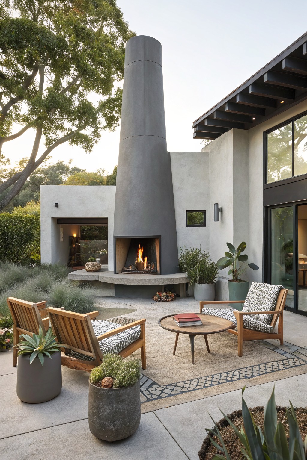 A tall gray concrete outdoor fireplace with a burning fire sits on a paved patio beside a modern house, with wooden armchairs, a round table, and potted plants arranged around it.