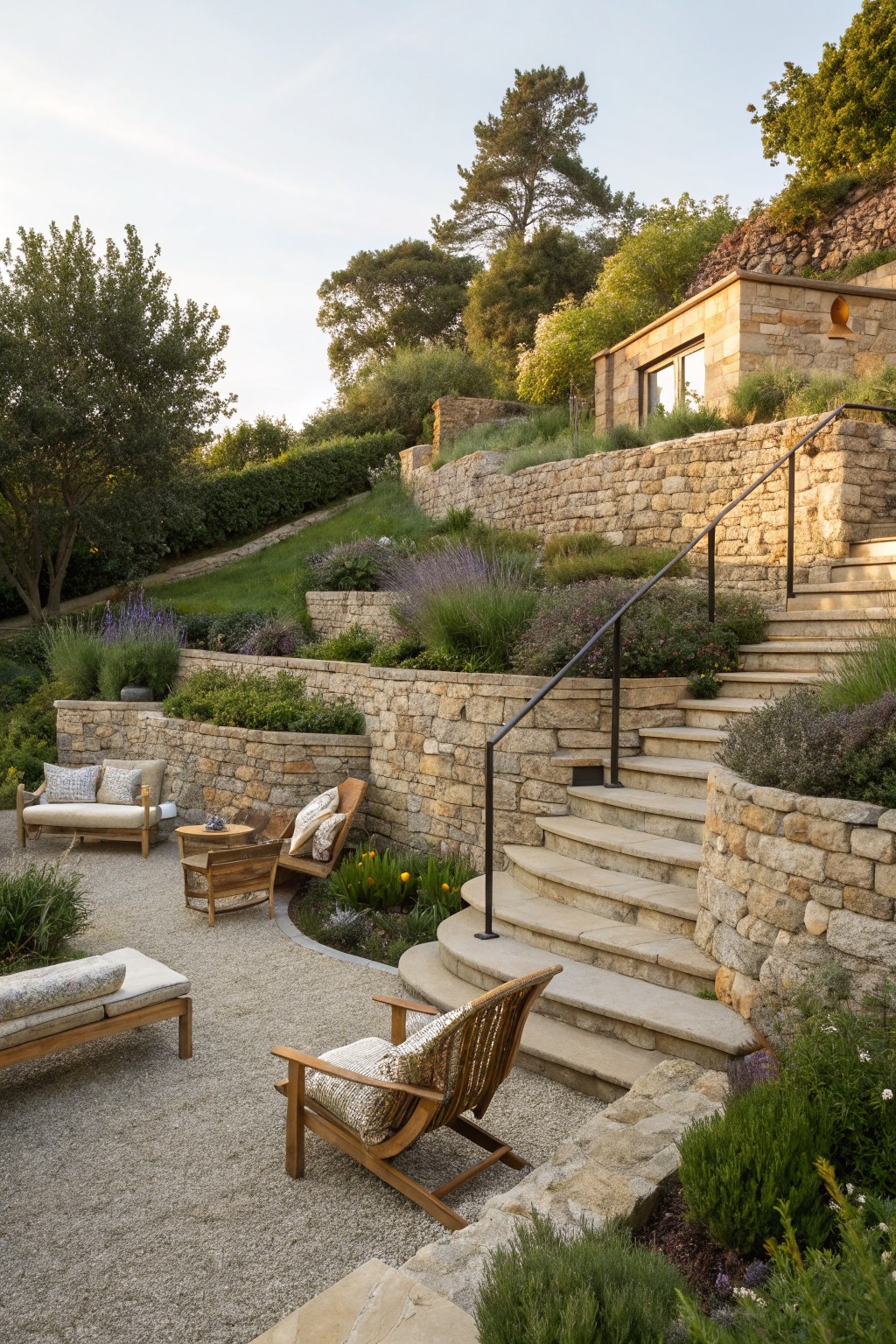 Gravel patio with wooden chairs amid stone walls, stairs, and terraced garden.