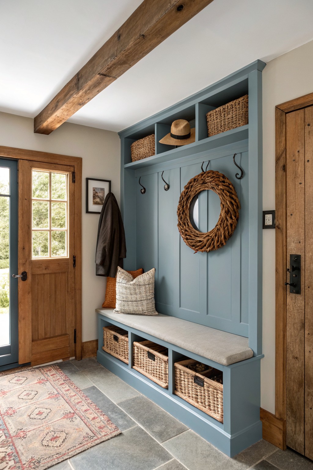 Built-in mudroom cabinetry and bench painted in a soft blue gray.