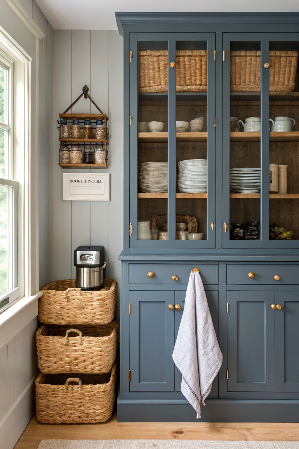 Blue gray cabinets with glass doors in a farmhouse kitchen.