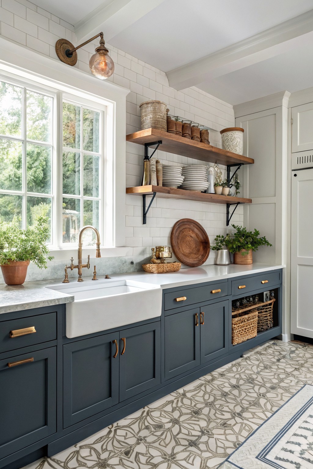 Navy cabinets, white farmhouse sink, brass fixtures, wooden shelves in bright kitchen.
