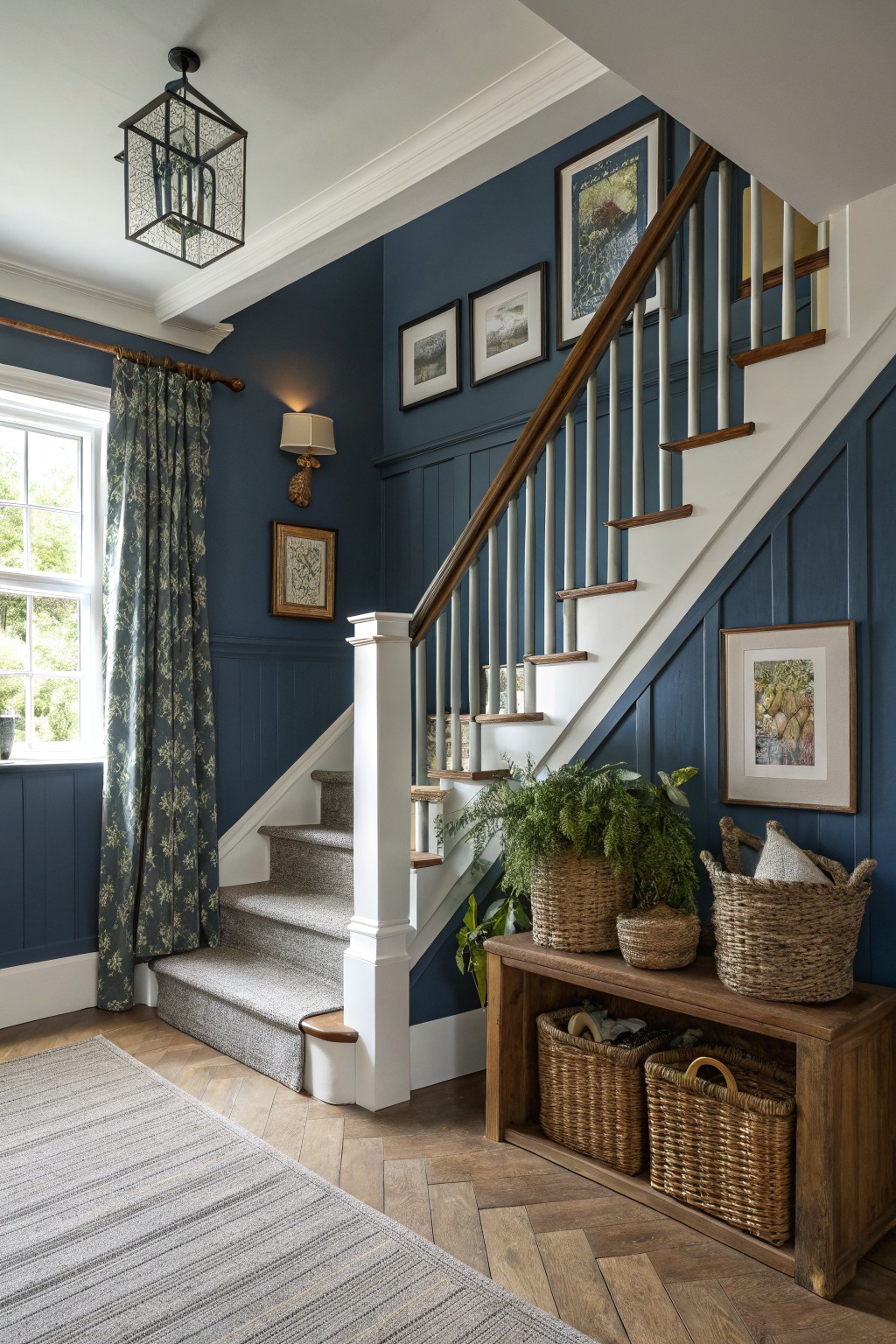 Deep navy blue walls cover the staircase area with white trim and wood details.