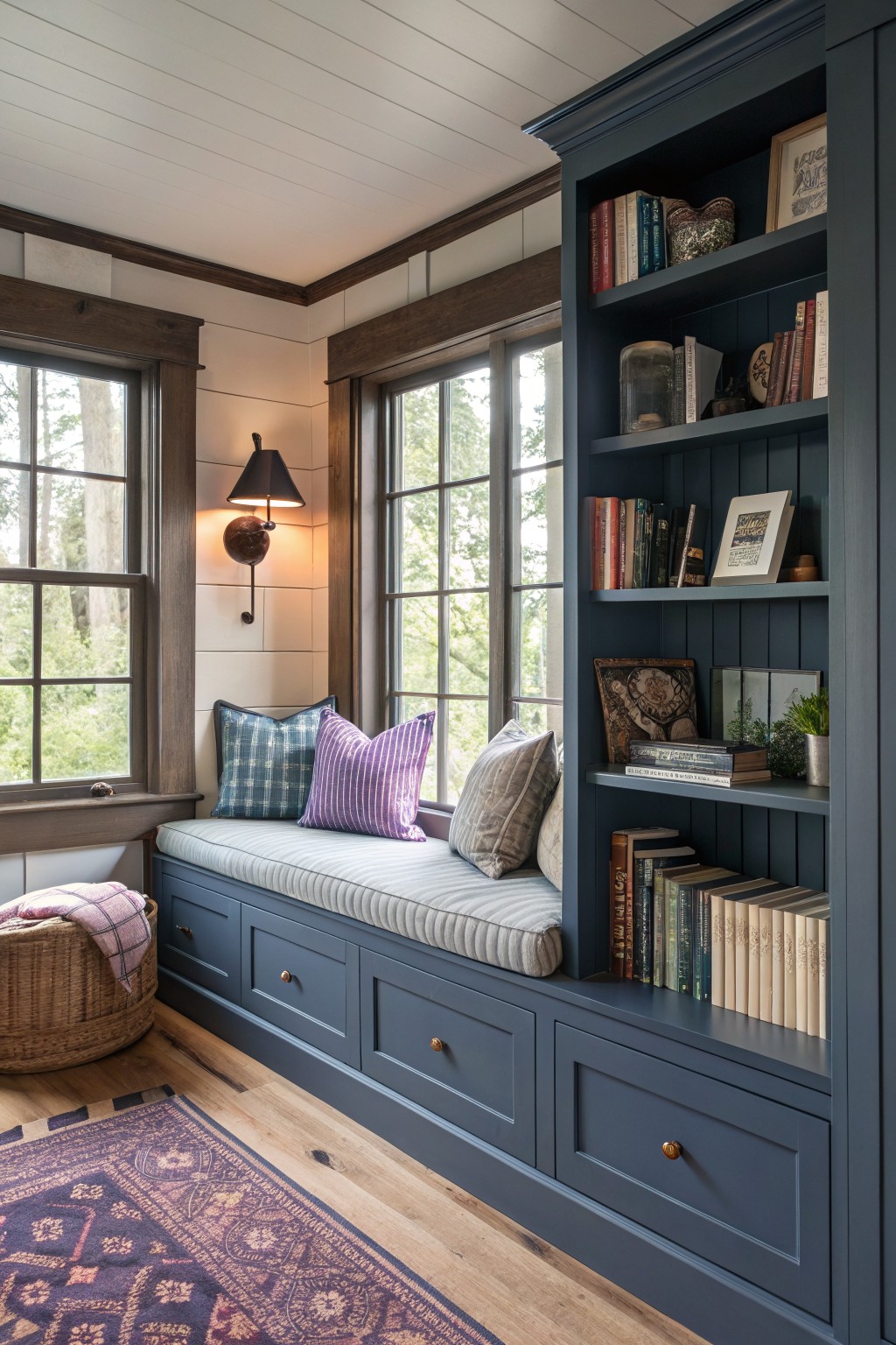 A window seat and built-in bookshelves painted in deep navy blue.
