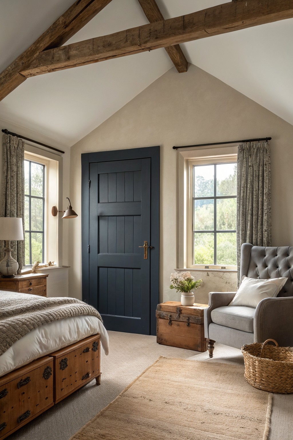Cozy rustic bedroom with exposed beams, navy door, bed, armchair, and woven rug.