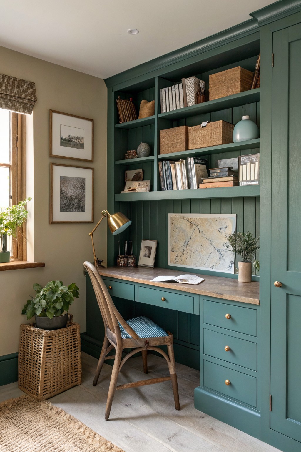 Built-in desk and shelves painted in a deep teal color inside a home office.