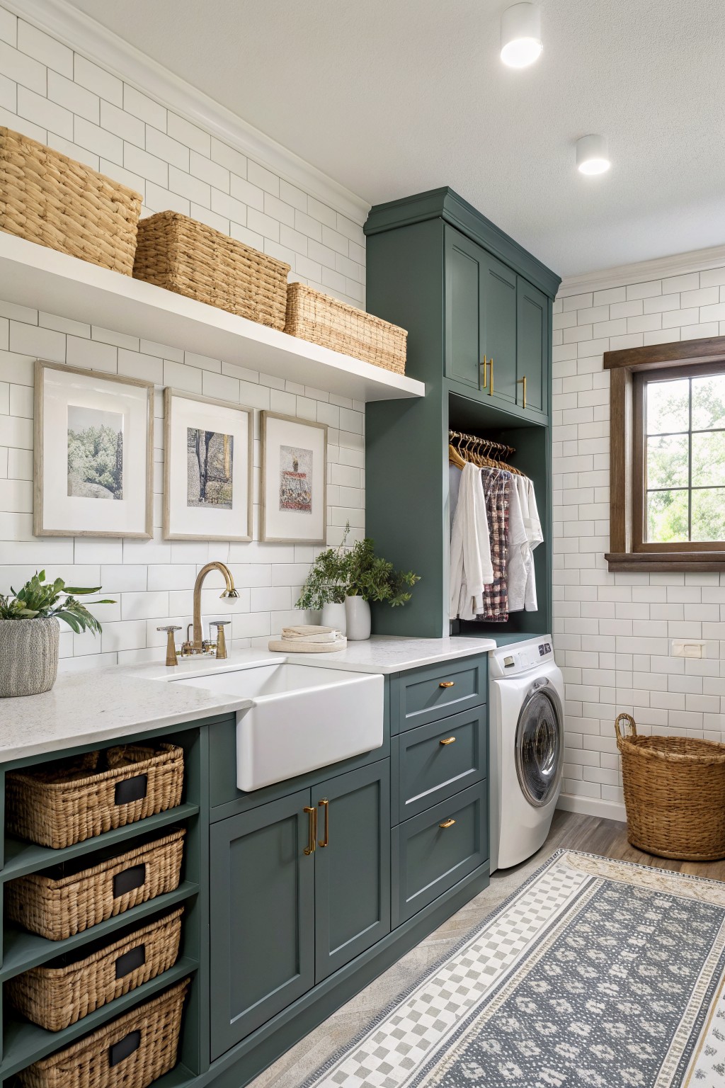 Dark teal cabinets line a laundry room with white subway tile and open shelves.