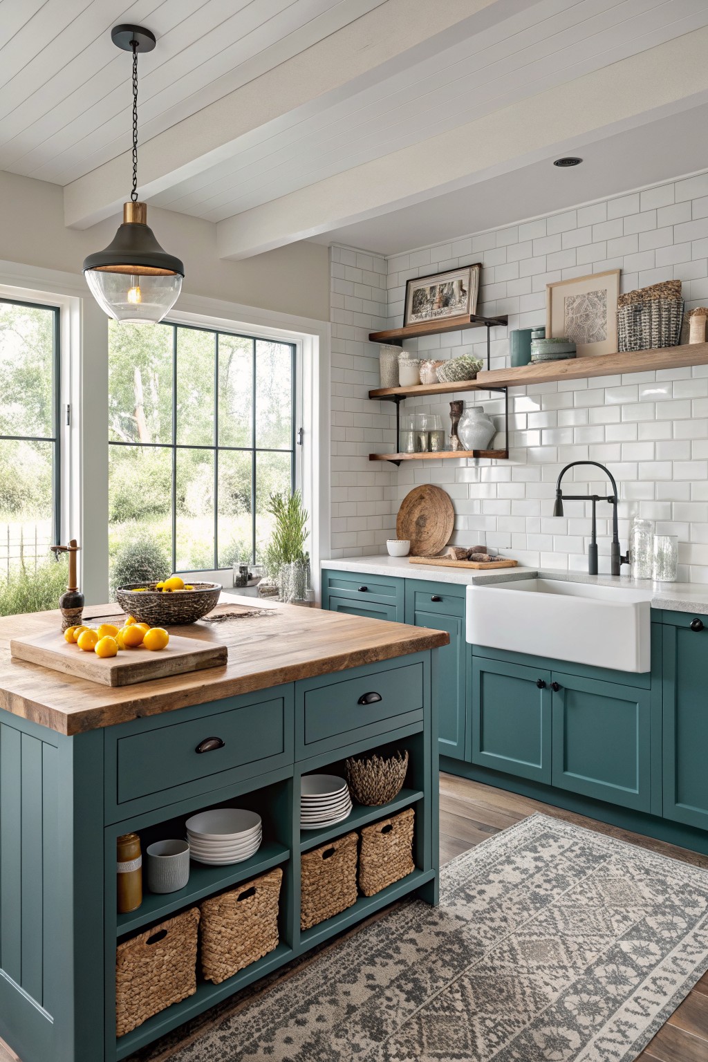 Kitchen cabinets and island painted in a deep teal blue.