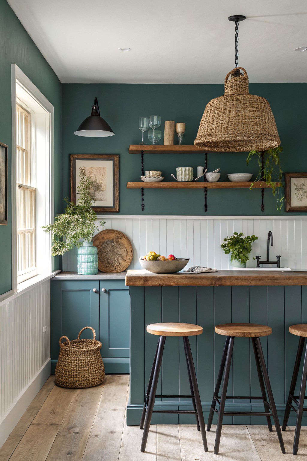 Teal blue cabinets and island in a farmhouse kitchen with wooden stools and open shelving.