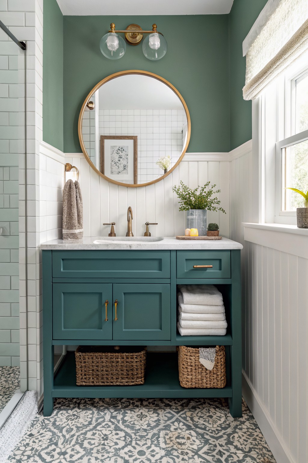A bathroom vanity painted deep teal with white walls and a round gold mirror above.