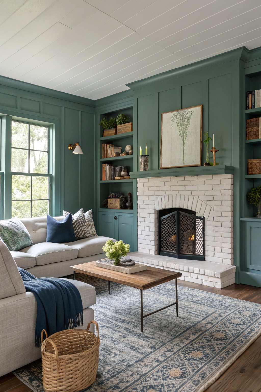 A deep teal paint color covers the walls and built-in shelves in a farmhouse living room.