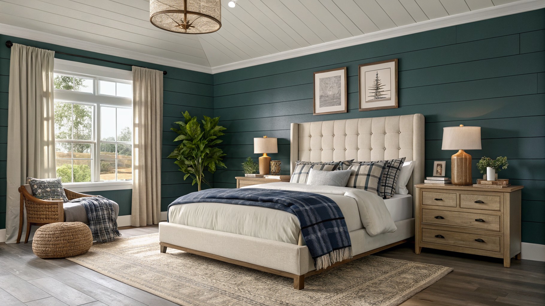 A bedroom with deep teal walls and a large upholstered bed.