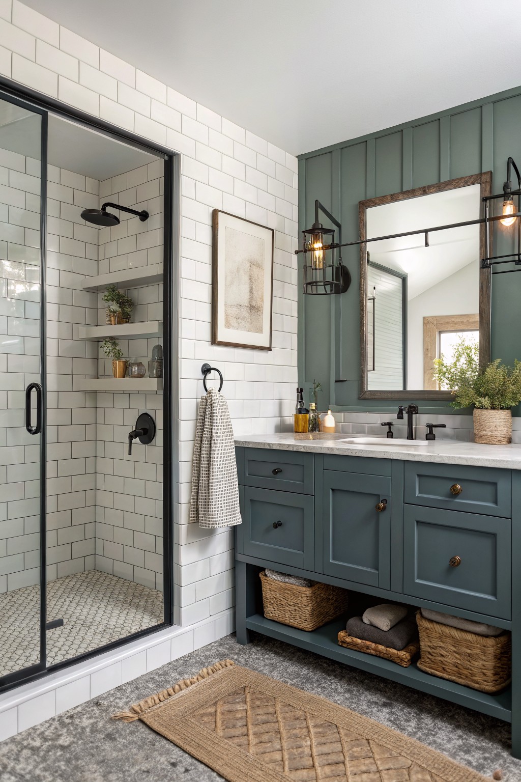 Blue green painted bathroom vanity with open shelving below.