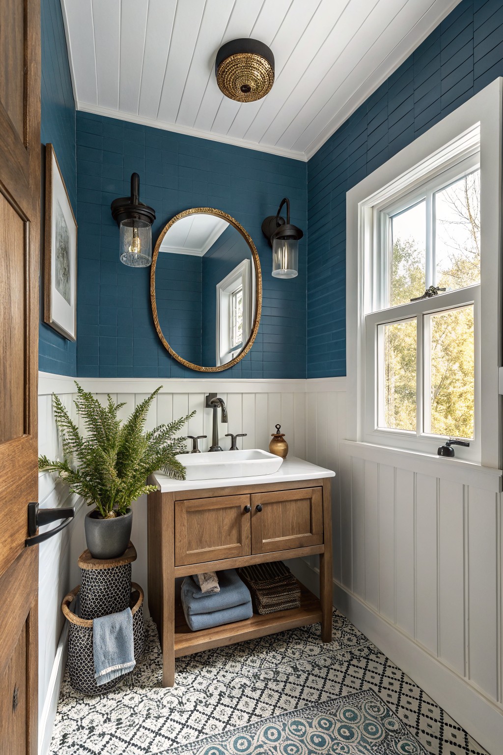 A bathroom featuring deep moody blue walls above white wainscoting.