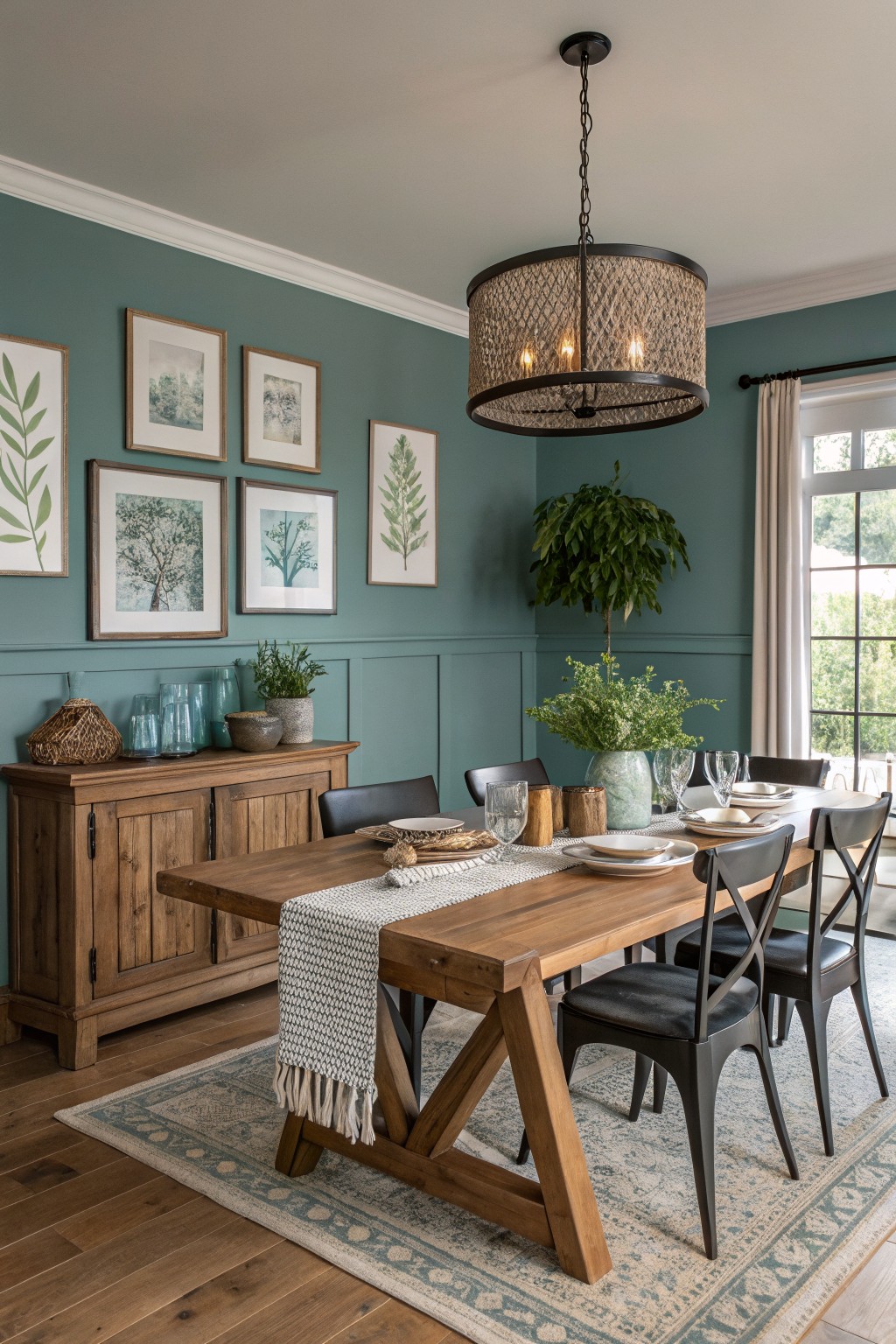 A dining room with muted teal walls and a wooden table.