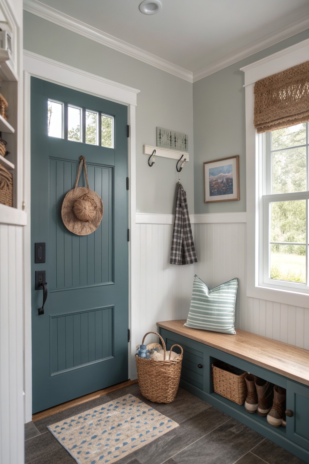 Teal entryway door with straw hat, storage bench, plaid shirt, and woven baskets