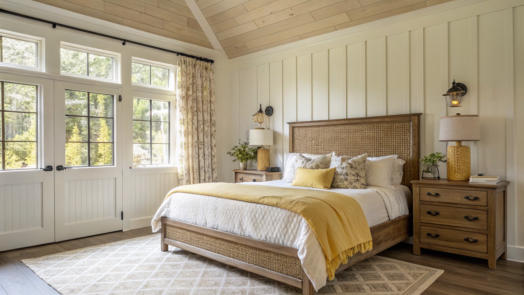 Pale yellow walls in a farmhouse bedroom with white bedding and wood furniture.