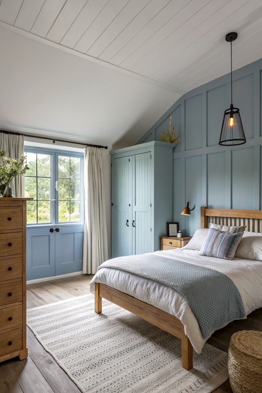 Cozy bedroom with pale blue walls, wooden bed, and white linens.