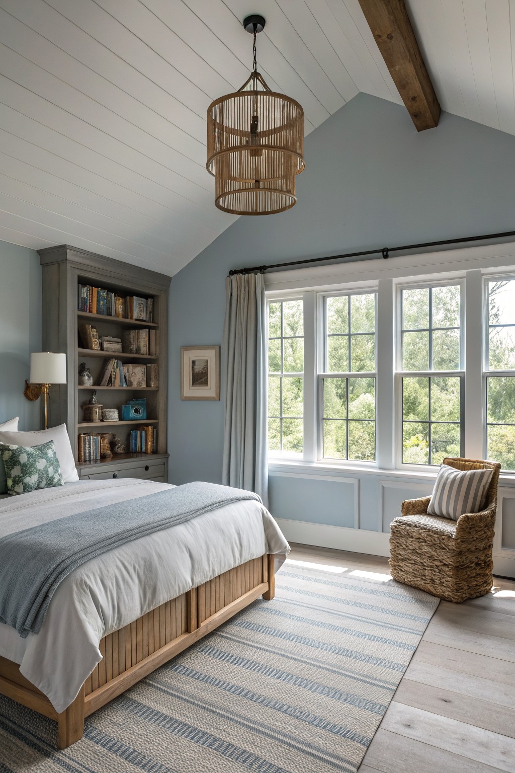 A bedroom with soft blue gray walls, wood furniture, and large windows.