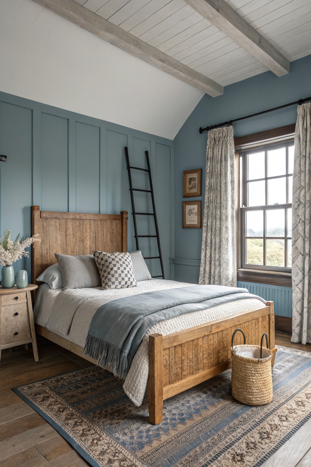 A bedroom with soft blue gray walls and a wooden bed frame.