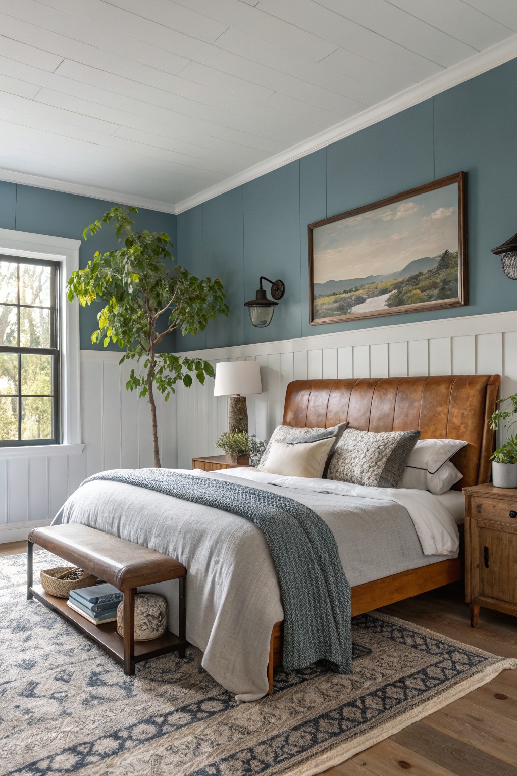 Rustic bedroom with blue walls, leather headboard, gray bedding, and wooden furniture