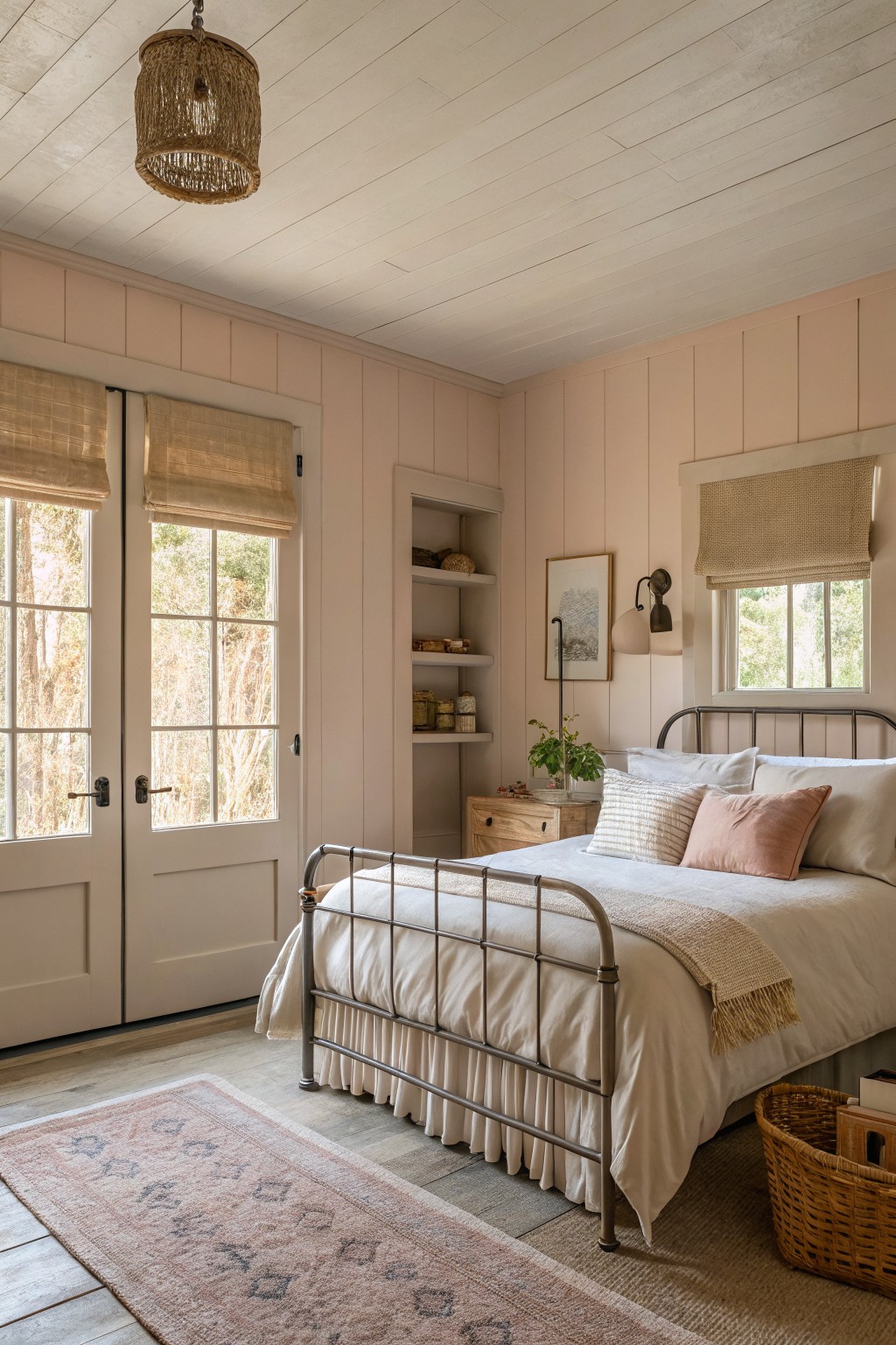 Bedroom walls painted in a soft blush neutral.