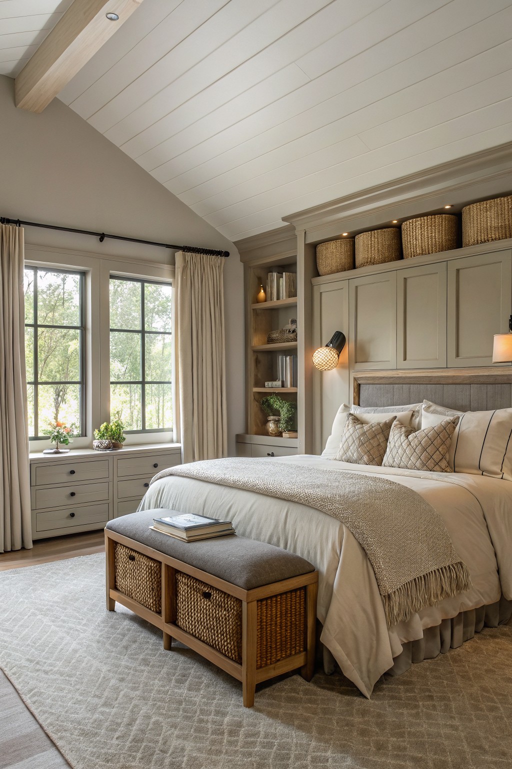 Light greige paint covers the walls and built-in cabinetry in a farmhouse bedroom.