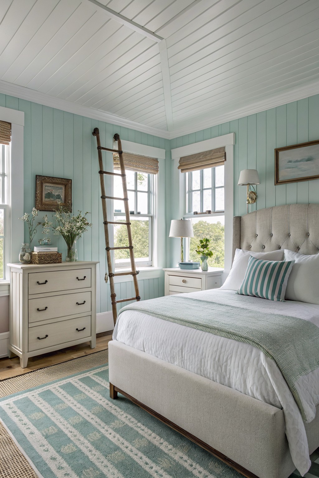 Bedroom walls painted in a soft mint green with white trim and windows.