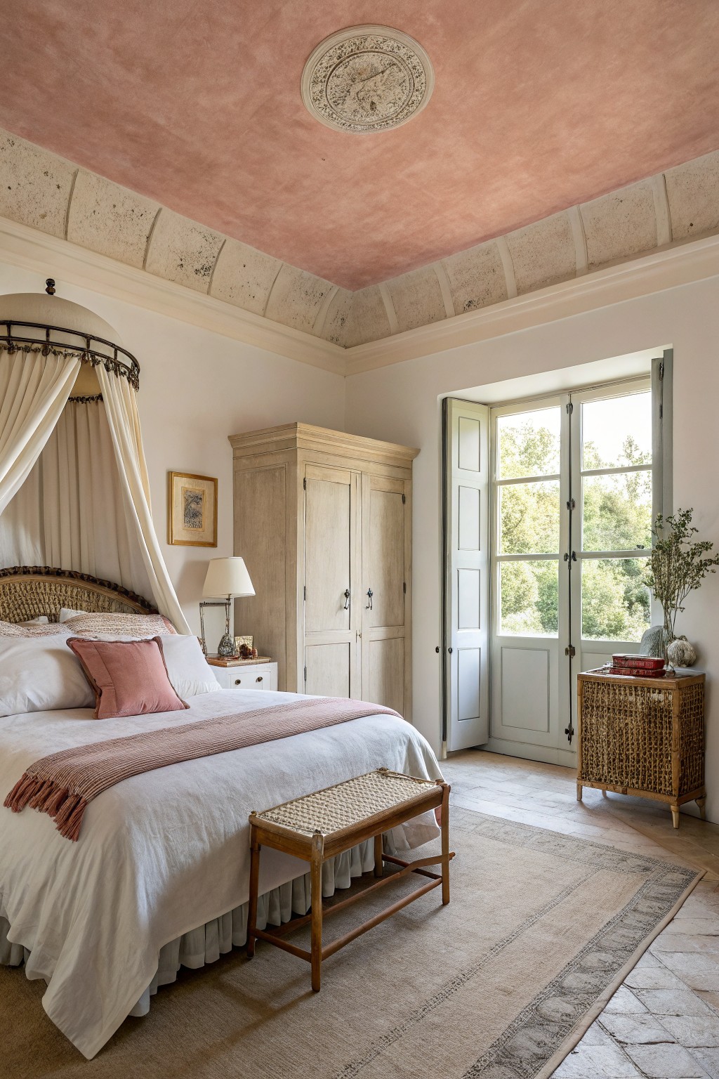 A bedroom featuring soft pink walls and ceiling with white trim and wood furniture.