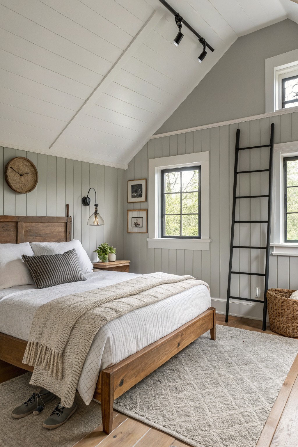 Light sage gray walls in a farmhouse bedroom with white trim and wood accents.