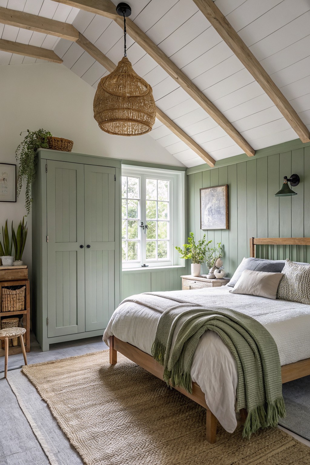 Cozy bedroom with sage green walls, wooden bed, woven pendant light, and exposed beams.