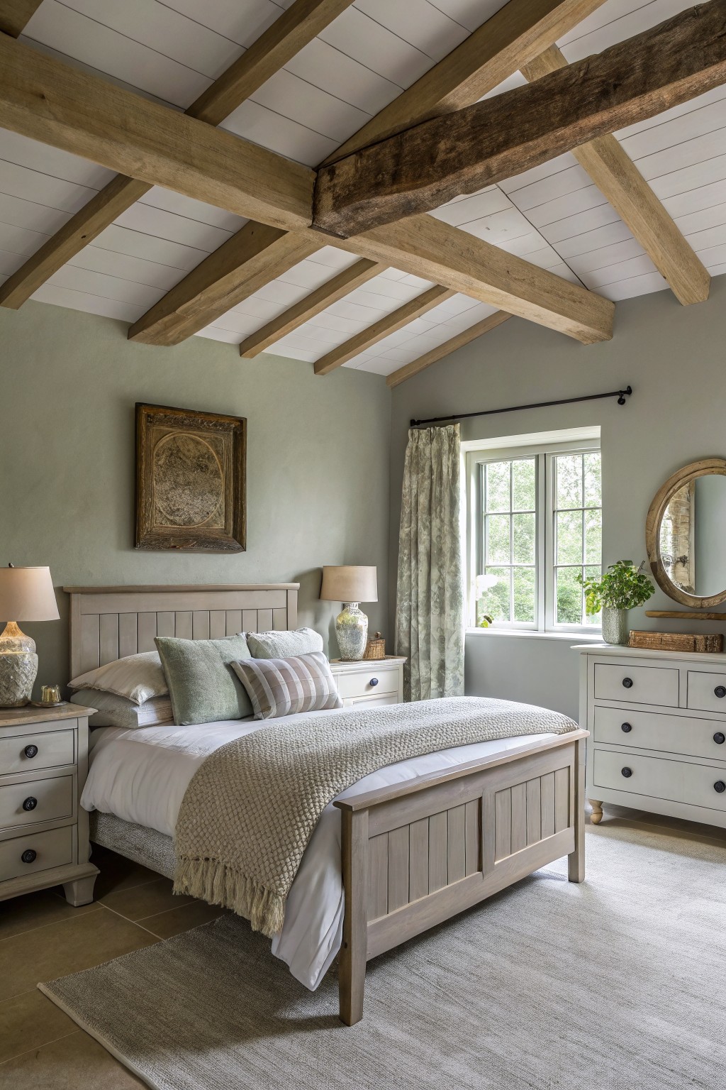 A farmhouse bedroom with soft sage green walls and exposed wood ceiling beams.