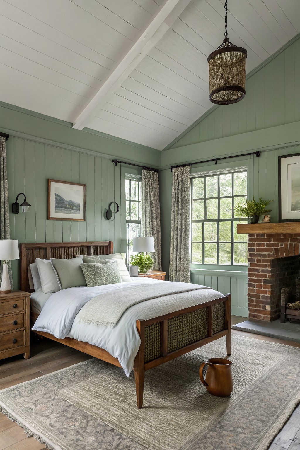 A bedroom with soft sage green walls and wood furniture.