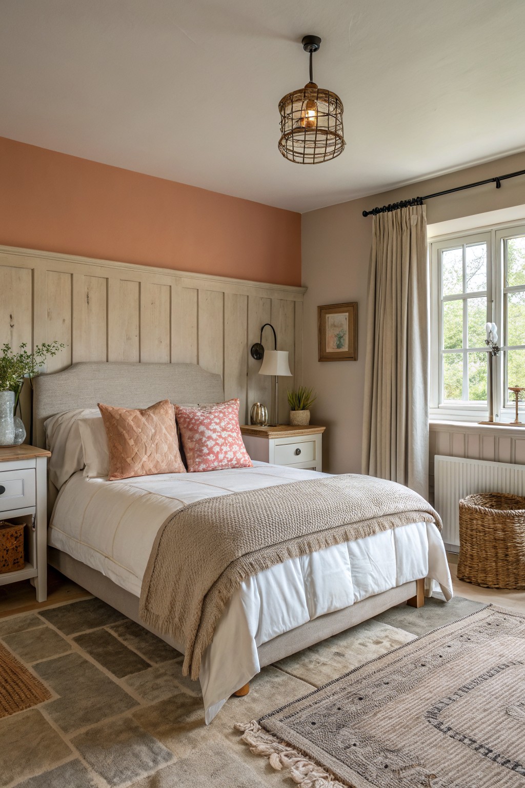A bedroom featuring a warm terracotta accent wall behind the bed with neutral bedding and wood furniture.