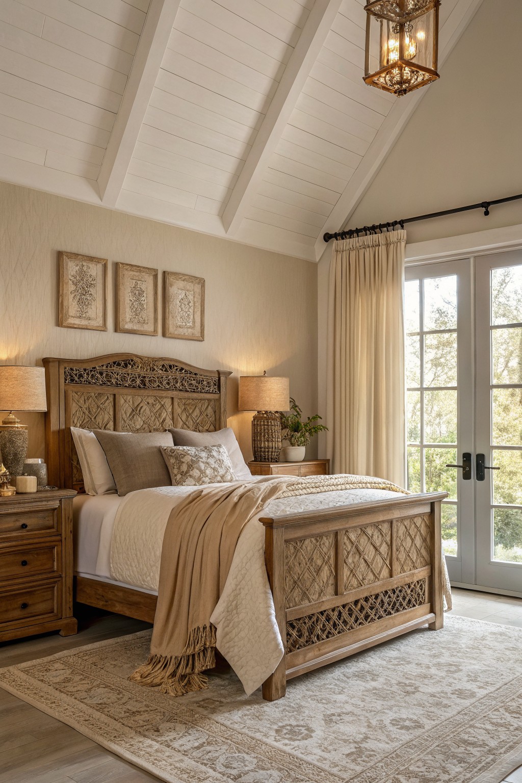 A bedroom with warm beige walls and a rustic wood bed frame.