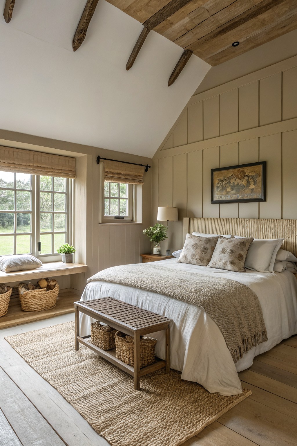 Cozy bedroom with white bed, wooden beams, woven rug, and window seat.